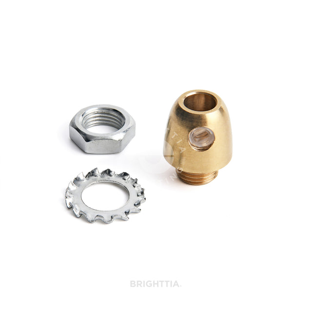 Cone-shaped brass cord grip with washer and nut displayed on white surface.