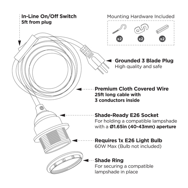 25ft Portable Shade Ready Plug-In Pendant - Black