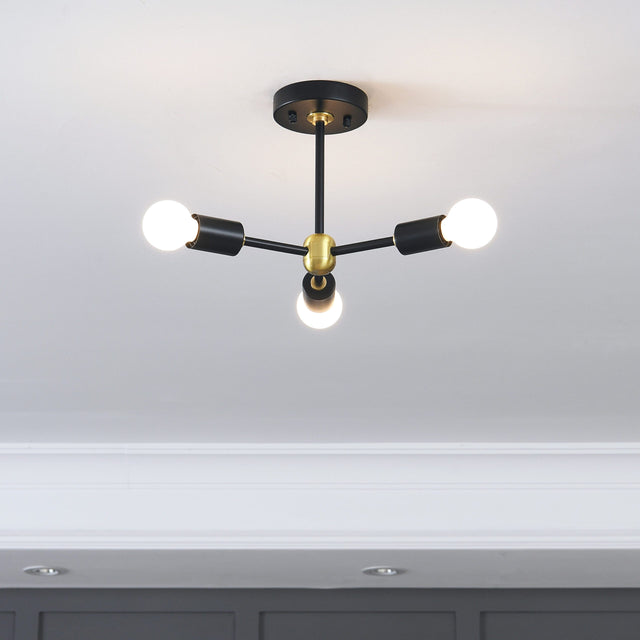 Brooklyn 3-Light Semi Flush Ceiling Lamp - Black/Gold
