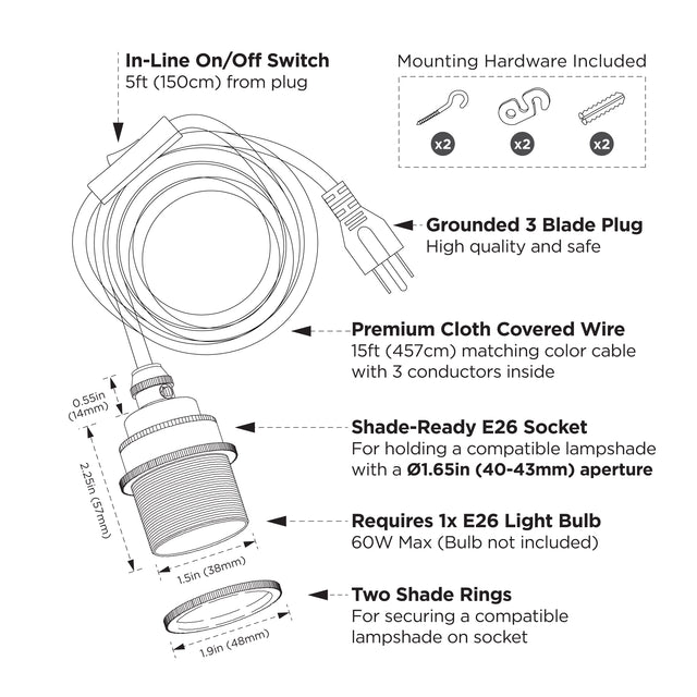 Premium Brass Shade Ready Plug-In Pendant - Gunmetal
