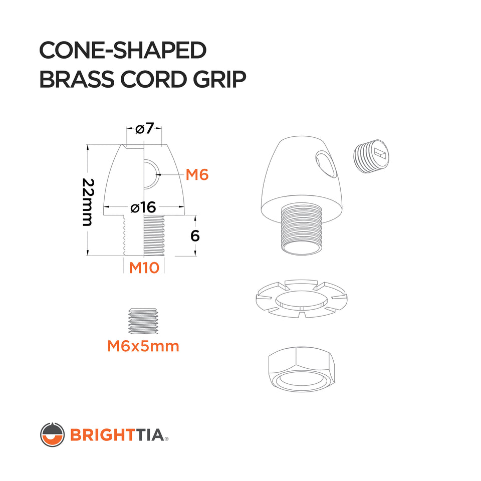 Cone-shaped brass cord grip technical line drawing with dimensions: 16mm diameter by 22mm height