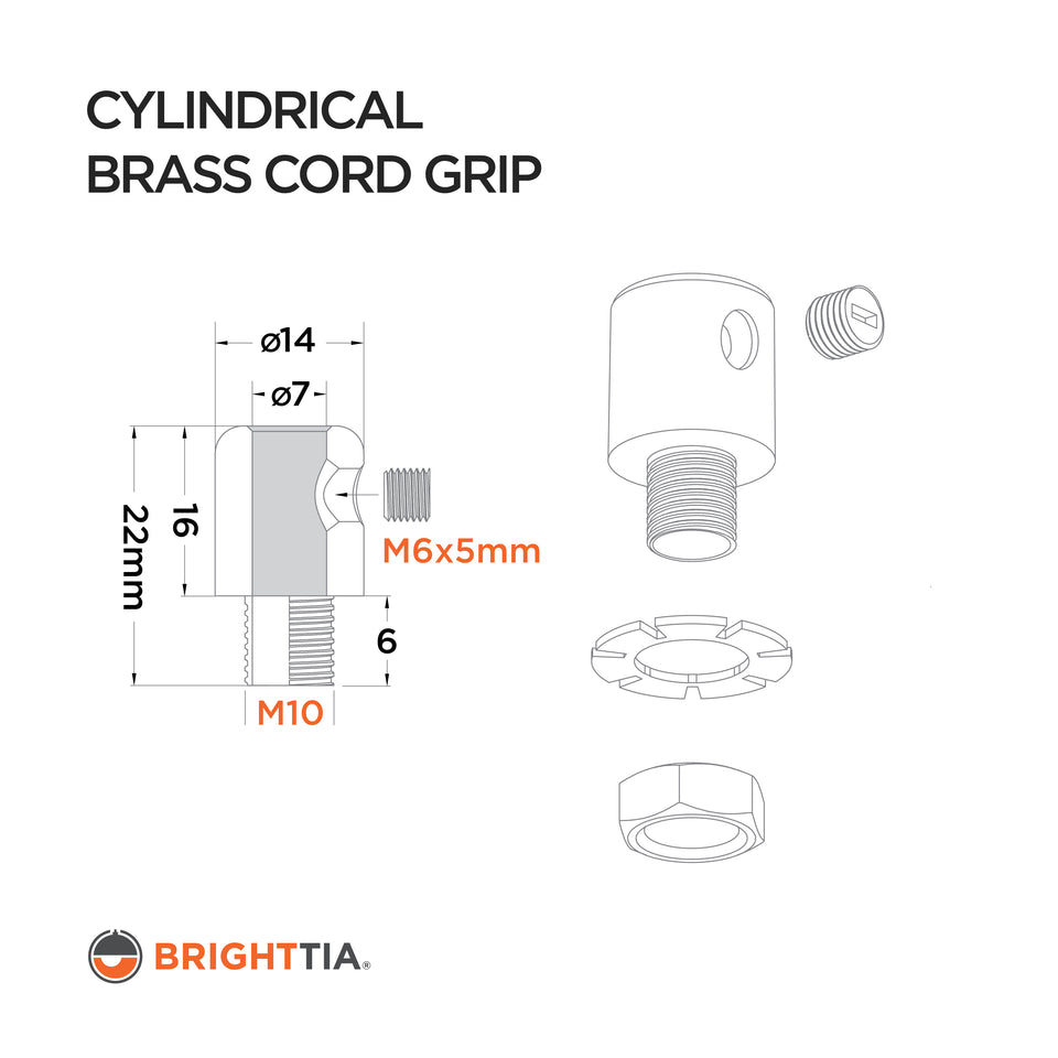 Cylinder brass cord grip technical line drawing with dimensions: 14mm diameter by 22mm height