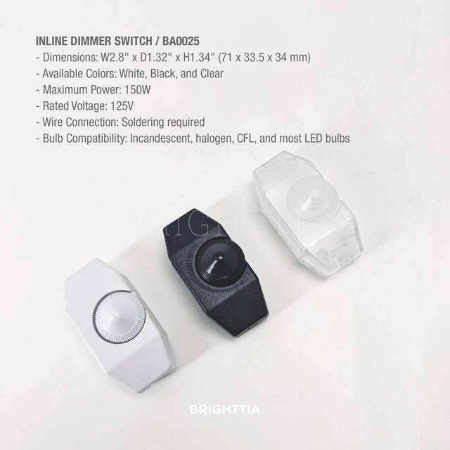 Inline Dimmer Switch 150W 125V - White, Black & Clear