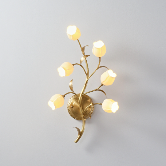 Modern Brass Wall Sconce With White Ceramic Tulip Shades