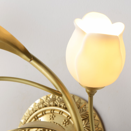 Classic Brass Wall Sconce With White Ceramic Tulip Shades - 3 Lights