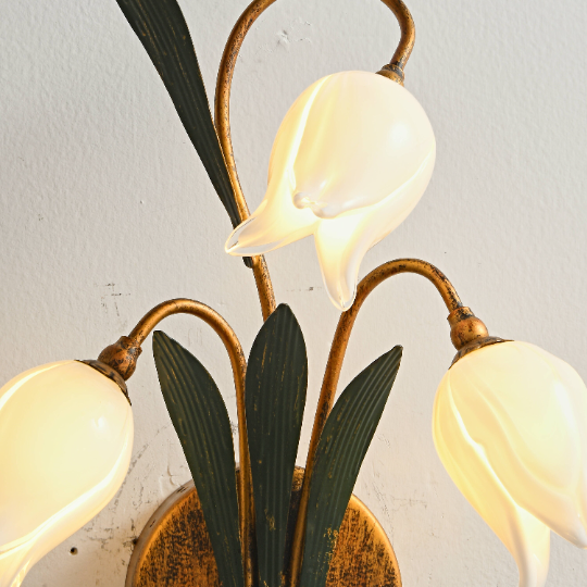Antique Wall Sconce With White Tulip Flower Shades - 3 Lights