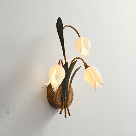 Antique Wall Sconce With White Tulip Flower Shades - 3 Lights