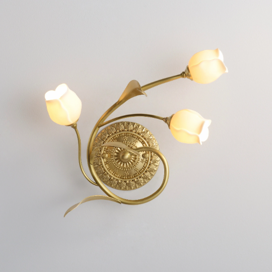 Classic Brass Wall Sconce With White Ceramic Tulip Shades - 3 Lights