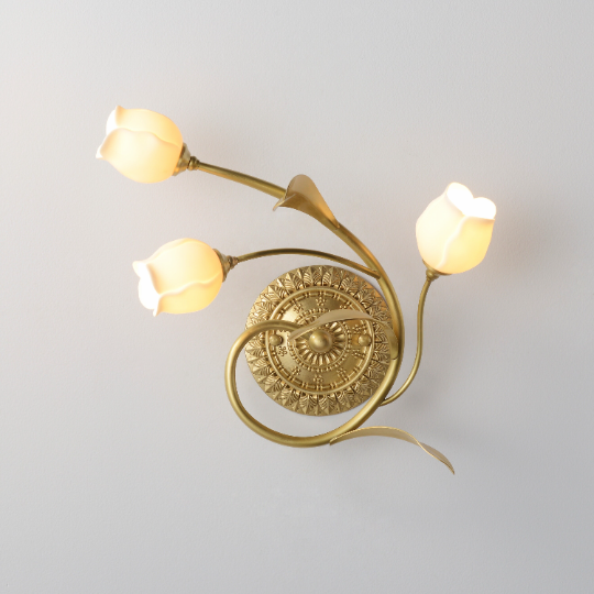 Classic Brass Wall Sconce With White Ceramic Tulip Shades - 3 Lights