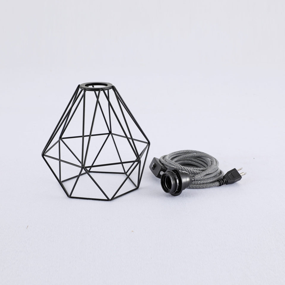 BP0019-1CP-Black-Industrial Swag Plug-In Pendant Light with Geometric Wire Cage