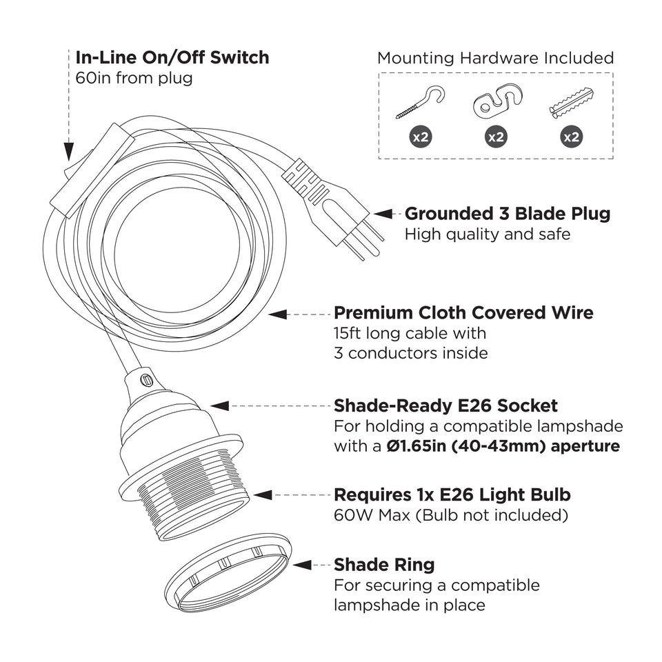 Portable Shade Ready Plug-In Pendant - Black